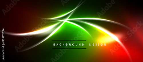 Abstract vibrant lines create dynamic flow. Green dominates center, fading into red. Black background enhances luminosity. Modern design element.
