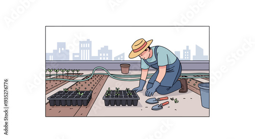 Urban gardening scene: farmer planting seedlings on rooftop garden