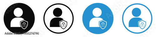 User profile icon featuring a locked padlock on a shield. Illustrates secure authentication, data protection, privacy, and encrypted personal information.