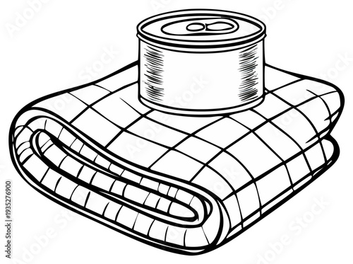 Canned goods on quilted blanket line drawing simple household items