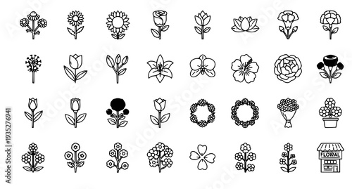 A collection of black and white floral vector icons and illustrations on a white background
