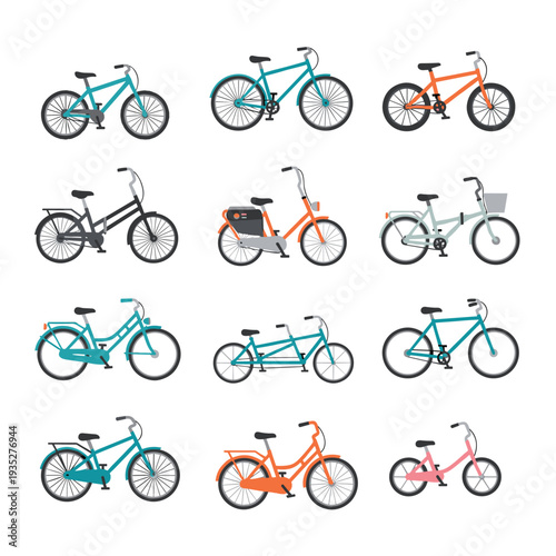 Diverse Flat Design Bicycle Collection Urban City Mountain Tandem Kids Bikes