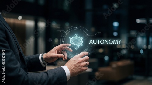 Agentic AI Systems: Businessman interacts with a holographic brain and 'AUTONOMY' text, representing agentic AI systems.