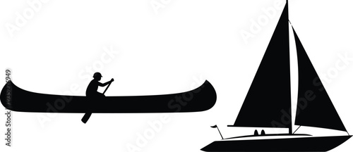 Canoe and Sailboat Silhouette Set Isolated on White Background, Watercraft Vector Illustration for Marine and Nautical Design