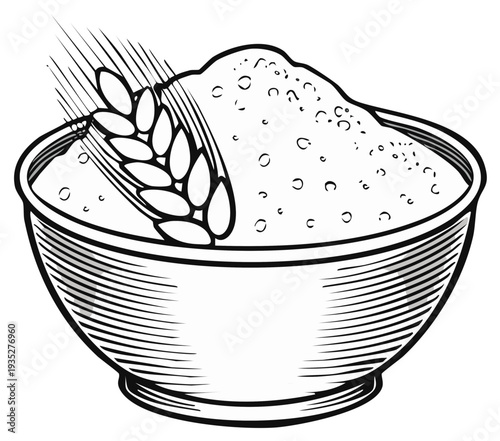Wheat and Flour Bowl Line Art Illustration Bowl Filled with Flour and Wheat Grain Illustration Bowl