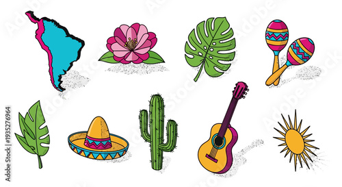 Vibrant pop art icons of latin american culture and nature