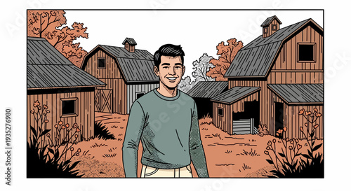 Vintage comic style autumn farm scene with smiling person and rustic barns