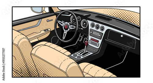 Retro comic style vintage car interior with pop art design elements