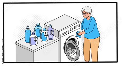 Elderly woman using washing machine in modern laundry setup
