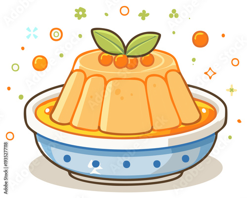 Delicious orange dessert jelly in a bowl with fruit and sparkling decorations