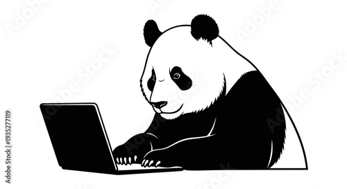 Black silhouette of a panda using laptop front view isolated on white background, concept of technology and remote work  