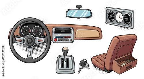 Retro car interior elements with steering wheel, dashboard, and vintage accessories
