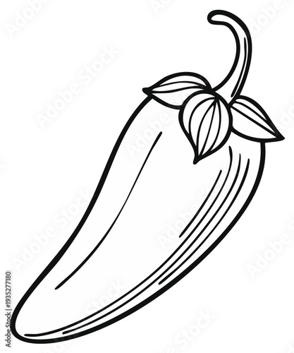 Simple Outline Drawing of a Jalapeno Pepper with Stem and Leaves