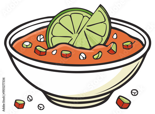 Bright Illustration of Seafood Aguachile Soup Bowl Topped with Lime Slice