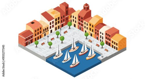 This is an isometric illustration of a vibrant cityscape featuring colorful buildings, a canal filled with sailboats, trees, benches, and lampposts, perfect for travel or urban planning concepts.