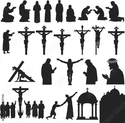 Christian religion silhouettes collection, Jesus crucifixion cross prayer biblical scenes church faith vector illustration religious symbol set