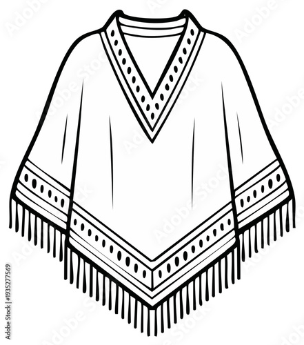 Mexican Poncho Drawing With Fringes and Traditional Embroidery, Traditional Latin American Clothes