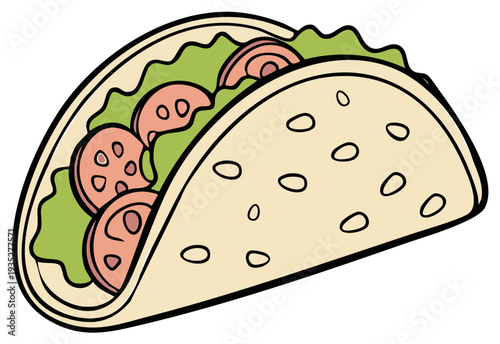 Flavorful Cartoon Taco With Lettuce Tomato and Cheese Filling A Delicious Mexican Food Illustration