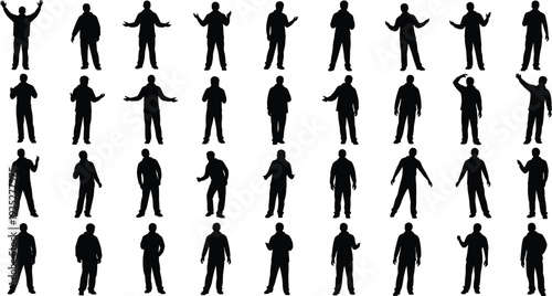 Set of black silhouettes of men in different standing poses, casual clothing, expressive gestures, communication, presentation, and body language icons. (22 words)