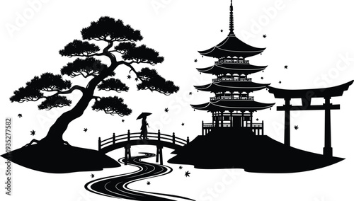 Japanese Landscape Silhouette with Pagoda, Torii Gate, Bonsai Tree and Woman on Bridge, Traditional Asian Vector Illustration