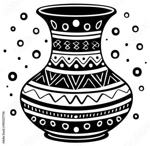 Ornate Vase Silhouette with Decorative Patterns and Floating Geometric Shapes