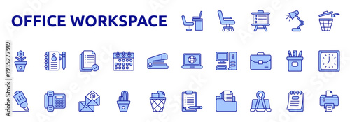 Office Workspace icon set color lineal style with desk, office chair, presentation board, table lamp, document, calendar, staple, marker, telephone, email icons