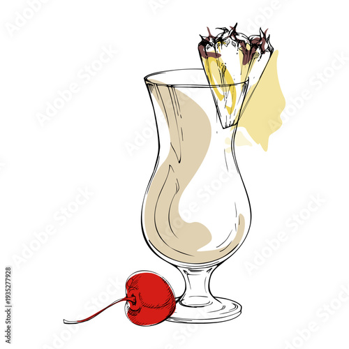 Pina Colada vector composition with pineapple wedge and cherry garnish. Clean gradient color accents, flat minimalist look. For tropical branding, packaging, menu icons, and summer-themed web layouts.