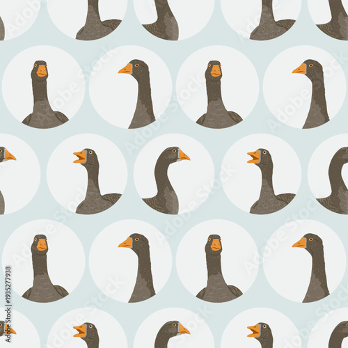 Seamless pattern with grey goose portraits in circles. Vector background with farm birds for textile, wallpaper, wrapping paper and fabric design. Greylag goose head avatars repeat