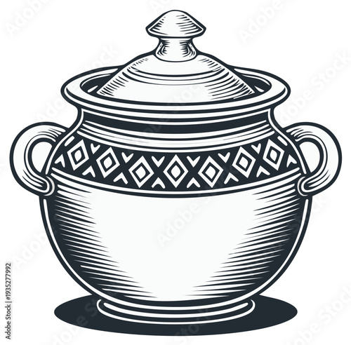 Engraved illustration of a classic ceramic pot with lid
