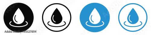 Liquid drop icon with a ripple effect. Represents water conservation, environmental purity, hydration, or chemical solutions. Minimalist black and blue circular icons.