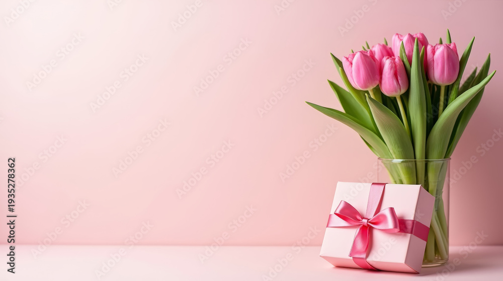 Fototapeta premium Pink tulips in transparent glass vase with pink gift box on pink table surface