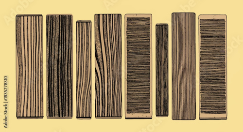 Collection of wooden planks with varied grain patterns displayed horizontally on a yellow surface from a direct overhead viewpoint