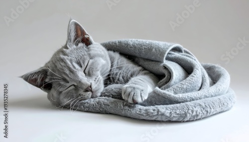 Gray kitten nestled asleep in a cozy gray blanket
