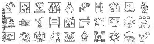 Robotics manufacturing line icon set. Industrial robot arm, welding cell, assembly conveyor, manipulator, vision camera, plc cabinet outline vector illustrations. Signs for industrial automation.