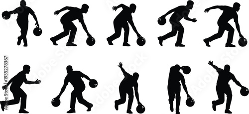 Set of bowling player silhouettes performing various throwing actions and poses isolated on white background, ten pin bowling game collection