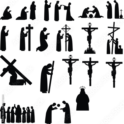 Christian religion silhouettes set, Jesus crucifixion cross prayer baptism biblical scenes vector illustration faith church symbol collection