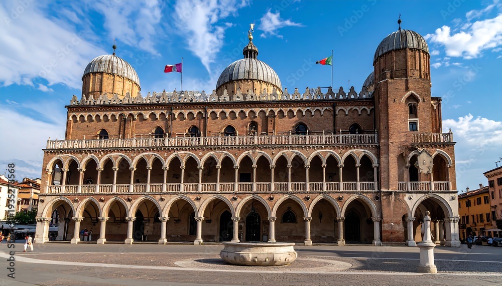 Obraz premium Historic building with arched facade and domed roofs, flags waving, atop a stone fountain in an open square