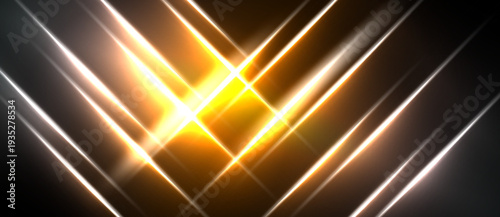 Abstract geometric design. Bright golden lines intersect dark background creating dynamic visual effect. Light radiates from central point.