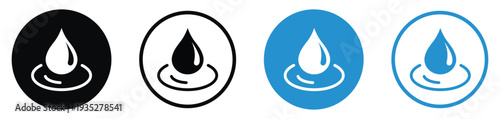 Liquid drop icon with a ripple effect. Represents water conservation, environmental purity, hydration, or chemical solutions. Minimalist black and blue circular icons.