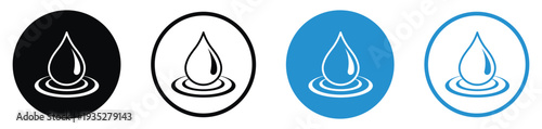 Liquid drop icon with a ripple effect. Represents water conservation, environmental purity, hydration, or chemical solutions. Minimalist black and blue circular icons.