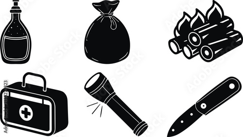 Camping and survival equipment silhouettes set including flashlight, knife, first aid kit, firewood, water bottle and bag isolated on white background vector illustration