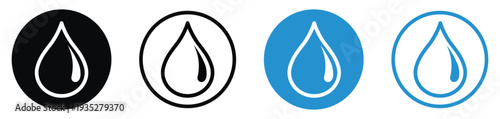 Liquid drop icon with a ripple effect. Represents water conservation, environmental purity, hydration, or chemical solutions. Minimalist black and blue circular icons.