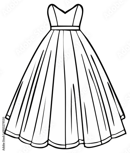 Elegant strapless evening gown outline, formal dress with flowing skirt, fashion illustration.