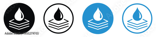 A water droplet sitting atop multiple material layers. Illustrates multi-layer protection, breathability, and absorbent technology. Professional vector icon set.