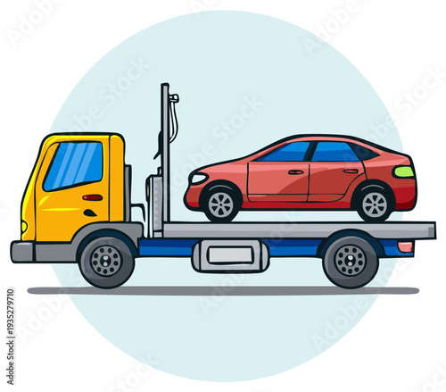 Cartoon flatbed tow truck transporting a red sedan car for roadside assistance
