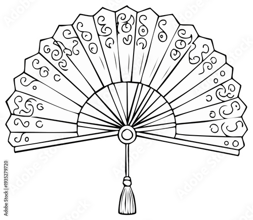 Elegant decorative folding fan with ornate swirling patterns and a tassel detail