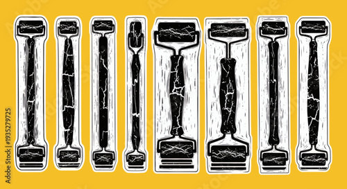 Collection of various safety razors arranged in a row on vibrant orange surface viewed from directly above