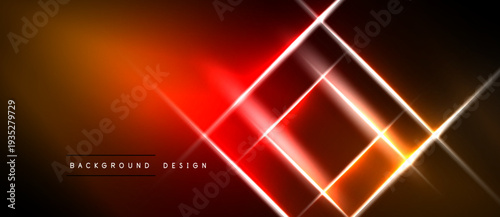 Abstract neon lines create dynamic geometric shapes. Vivid orange, red gradients dominate dark background. Modern design element.