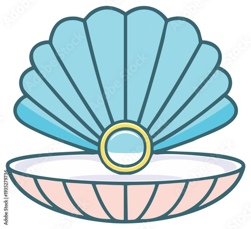 Open seashell with a blue pearl inside, cartoon style illustration
