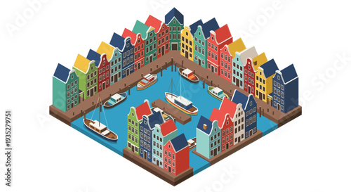 Isometric illustration of colorful Amsterdam houses lining a waterfront canal with docked boats. The illustration has a cheerful, travel-oriented vibe suitable for tourism or city planning.